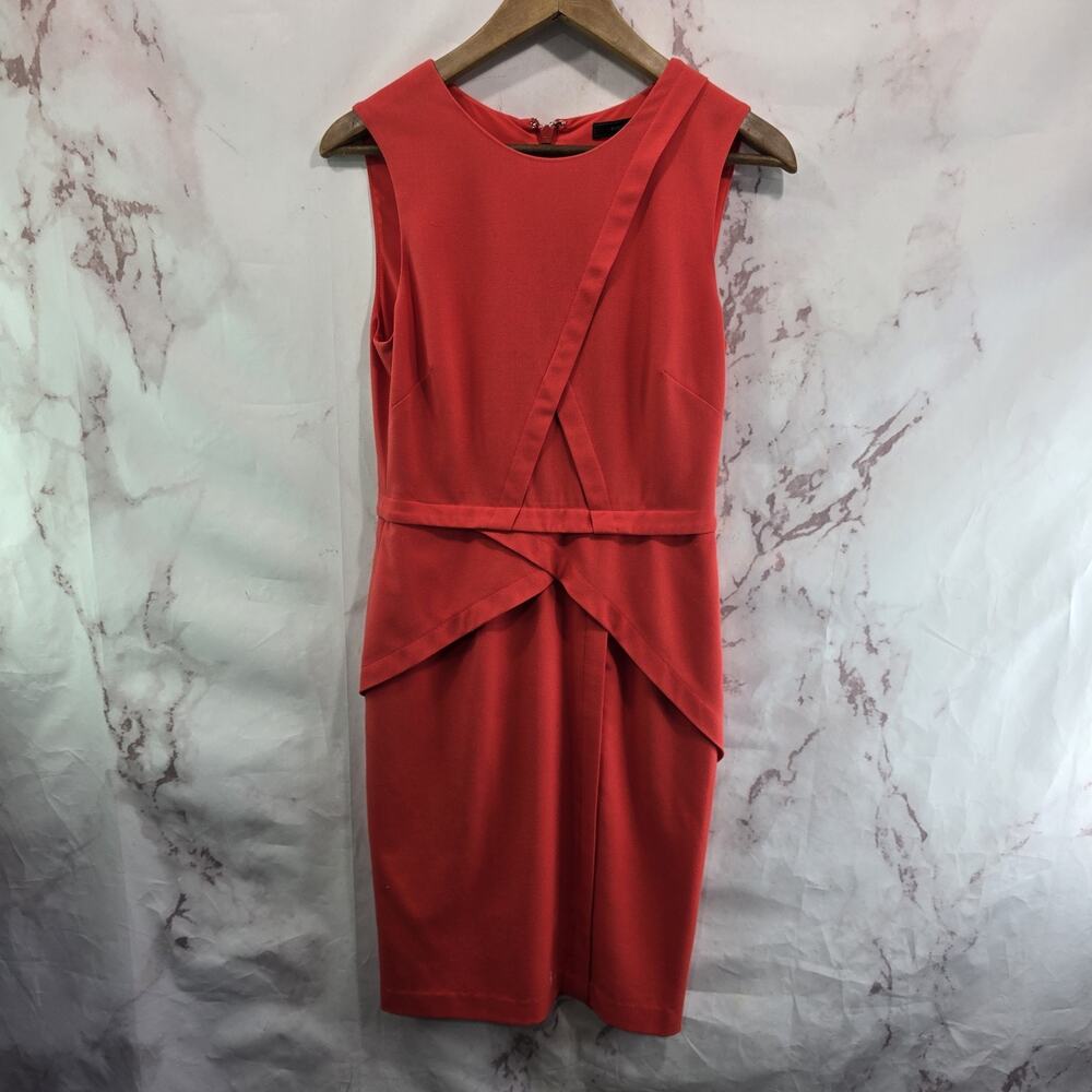 BCBG Dress Womens 4 Small Orange Slit High Neck Assymetric Diagonal Pleated